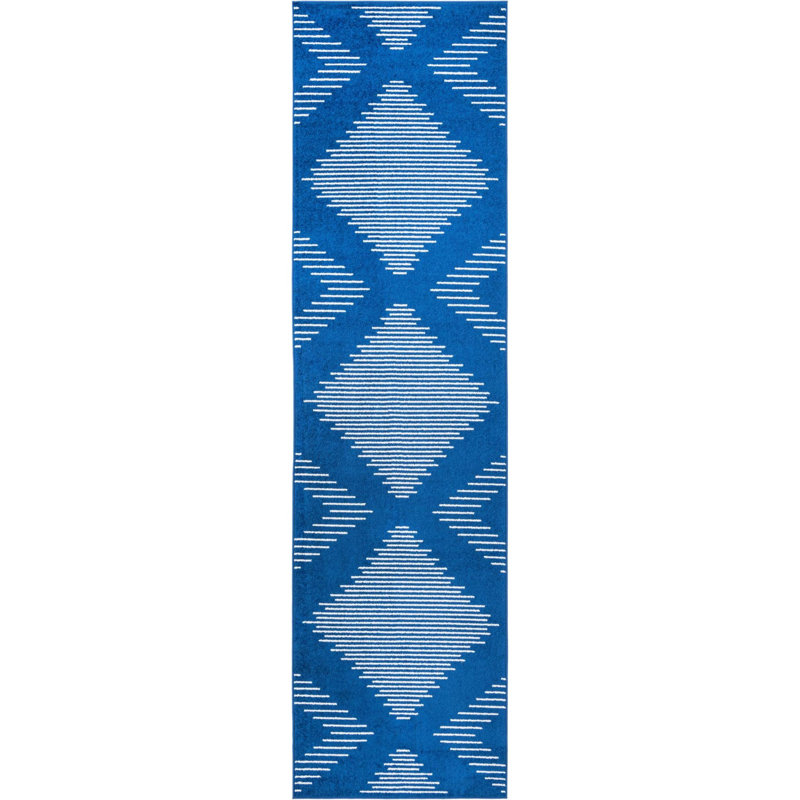 Tapis géométrique bleu marine en polypropylène tissé à la machine, Carré 5 pi 3 po