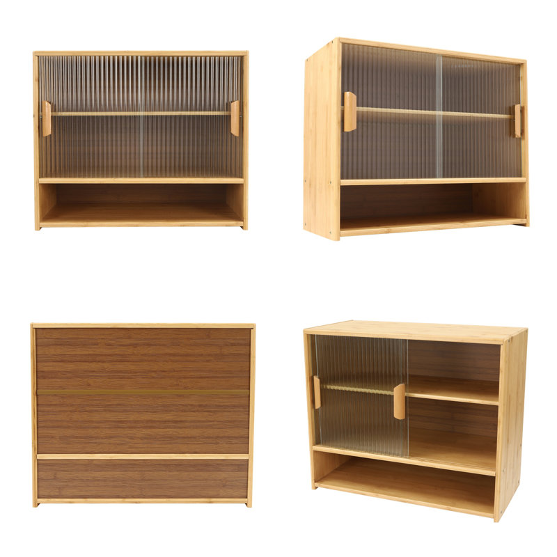 Petite armoire de cuisine en bambou, garde-manger buffet à 3 niveaux avec portes coulissantes et tablette ajustable, Naturel