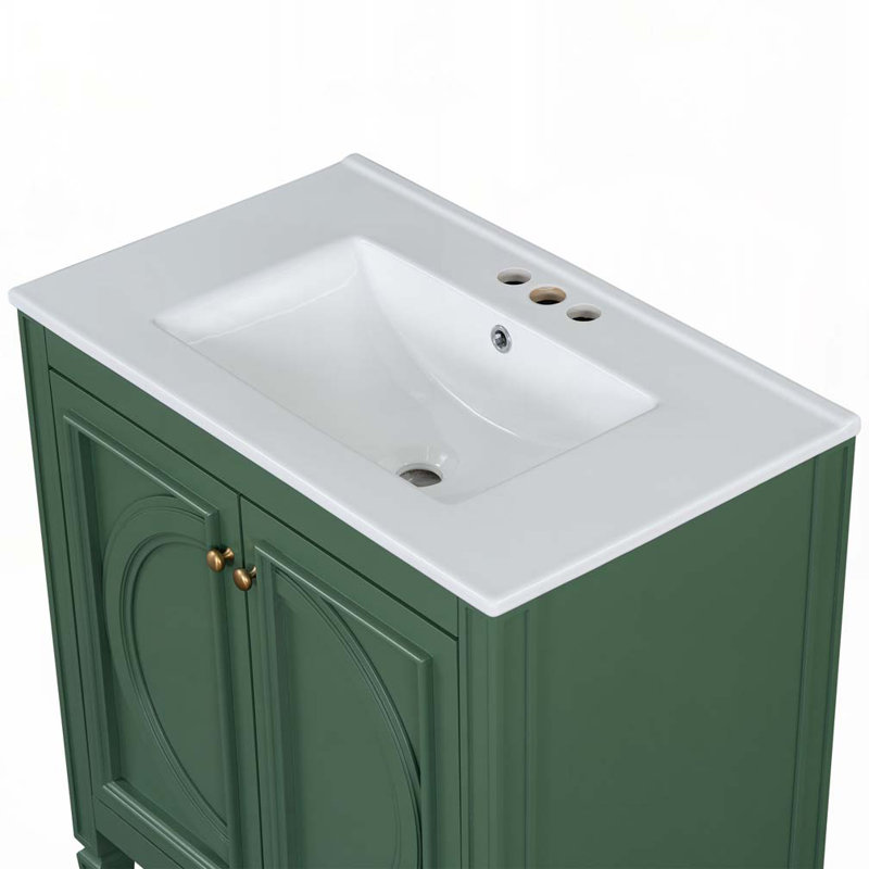 Meuble-lavabo de salle de bain avec lavabo en céramique, armoire et tablettes, Vert/doré
