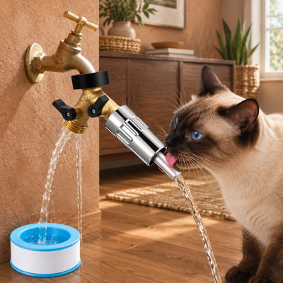 3/4" Outdoor Automatic Dog Water Dispenser with a 2-way hose splitter, garden-faucet connection, and included anti-leak tape for large dogs and livestock.