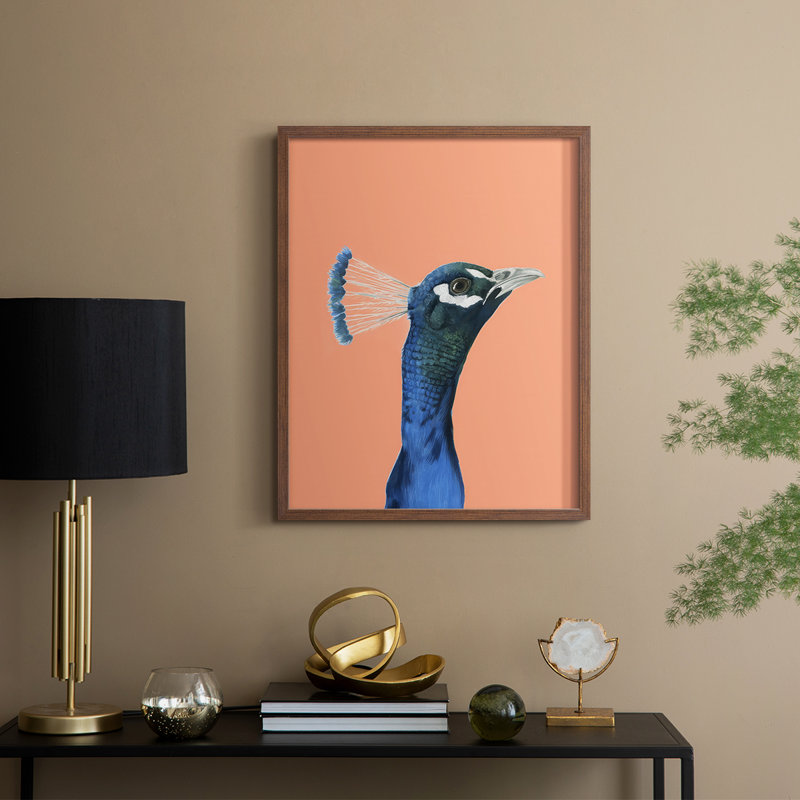 «Peach Peacock Portrait I», reproduction encadrée - bois massif, H 11 po x l 9 po, Noyer