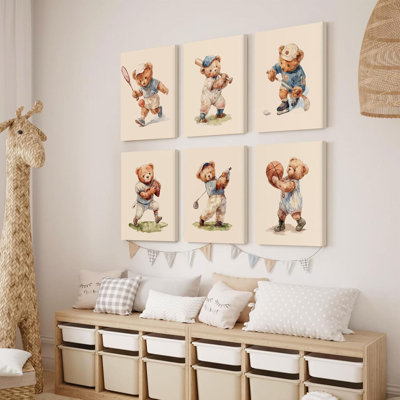 Pépinière, ours, art mural, garçon, sport, toile, décoration, chambre de bébé, affiche rétro, ours en peluche, affiche, art de chambre d'enfant, peinture animalière pour chambre à coucher, salle de jeux, 8 x 10 x 6 pouces, prêt à être accroché