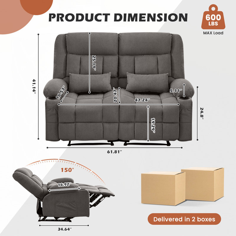 Causeuse inclinable avec porte-gobelets, Gris