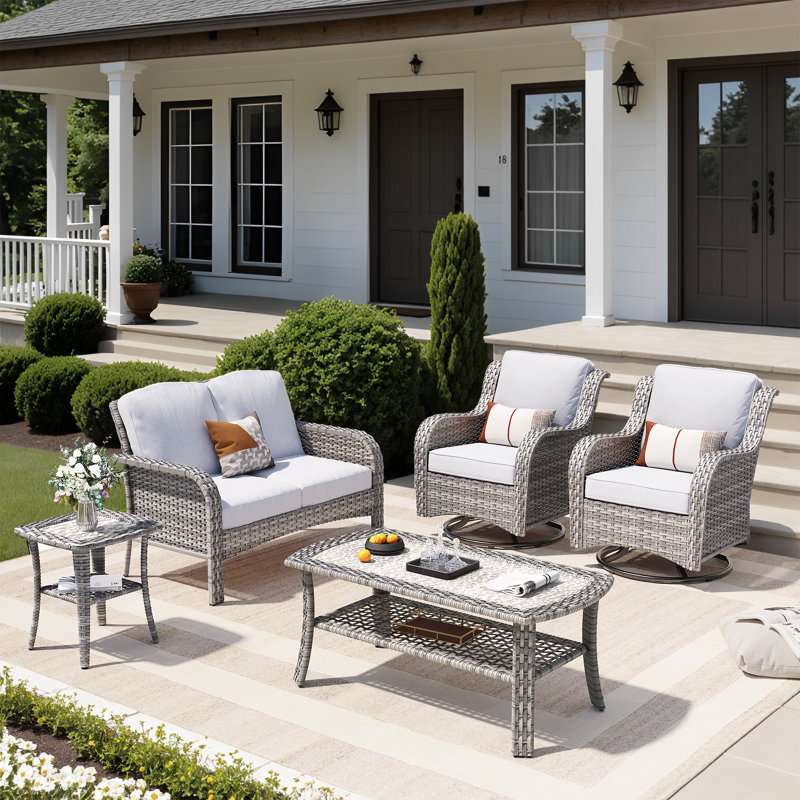 5-piece Outdoor Patio Furniture Set With Swivel Chairs & Coffee Table – Rattan Conversation Set For Front Porch, Backyard, And Deck