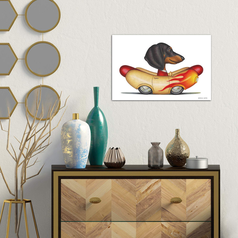 Dachshund Flaming Wienermobile by Danny Gordon - Print, 66.04 cm H x 45.72 cm W x 1.91 cm D, No Frame