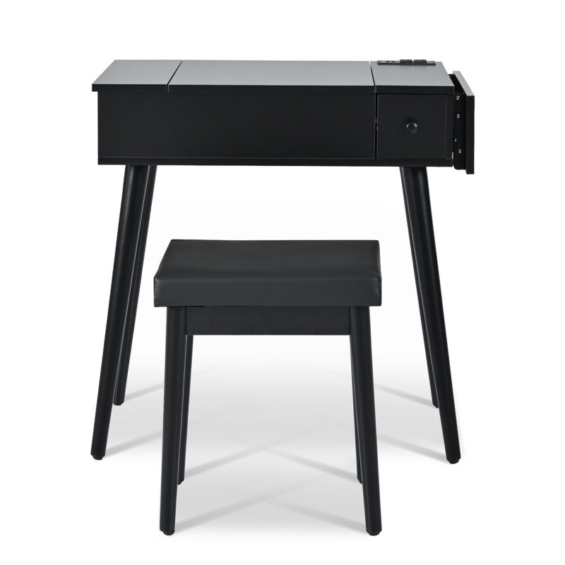 Meuble-lavabo noir 27,9 po avec miroir rabattable et lumière DEL, coiffeuse avec station de charge, 2 tiroirs et panneau rabattable, ensemble de coiffeuse avec tabouret rembourré pour la chambre à coucher