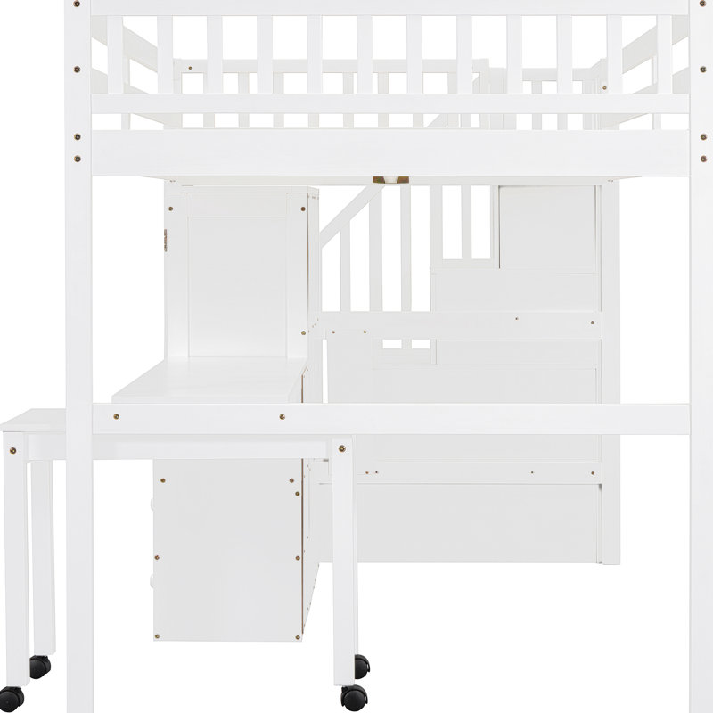 Lit mezzanine blanc avec escalier, bibliothèque, tiroirs, bureau et garde-robe