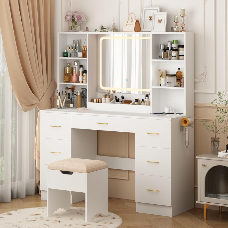 47"  Vanity Desk with LED Lighted Mirror,Drawers & Cabinets, Makeup Table with Power Outlet,  Adjustable Lighting Modes