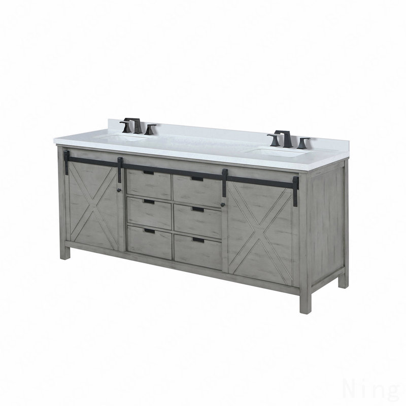 Ensemble de meuble-lavabo double 84 po x P 22 po avec comptoir en quartz blanc et robinet, Gris, 85"