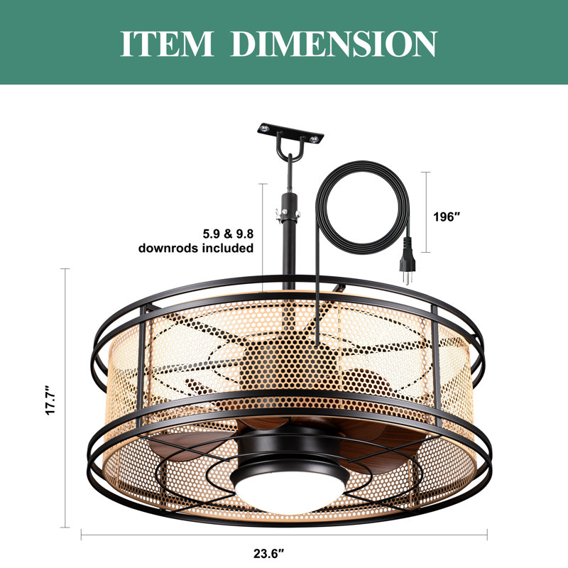 23in. Outdoor Ceiling Fan with Light and APP Control, Farmhouse Waterproof Plug In Smart Caged Ceiling Fan with Hook For Patios