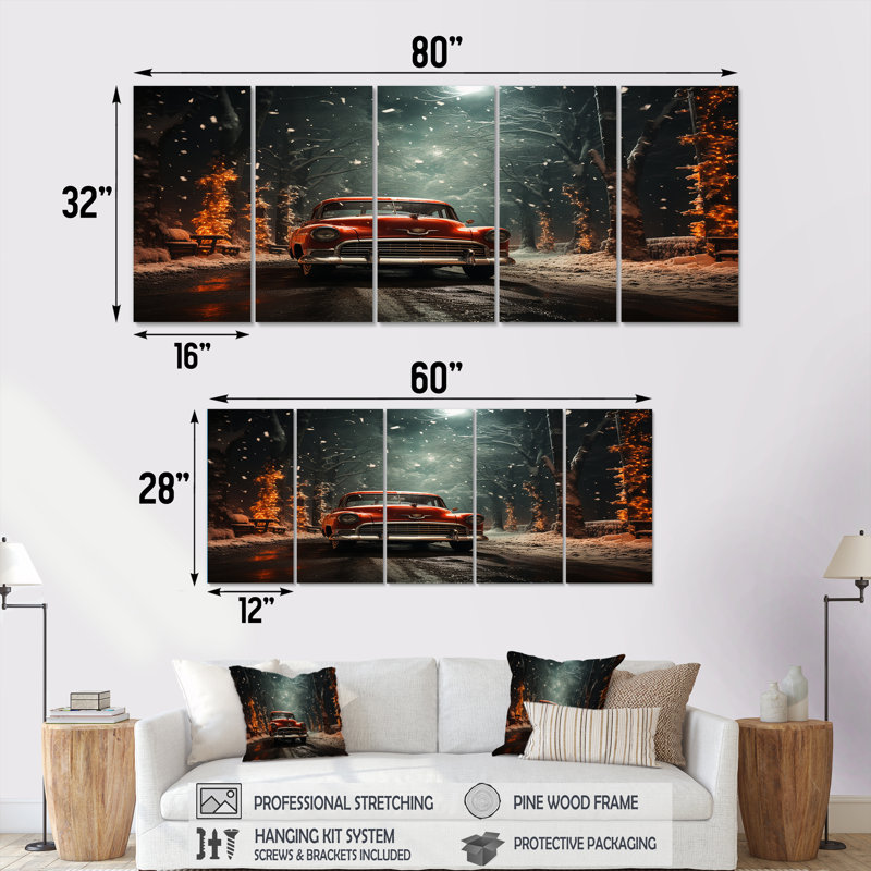 «Red Old American Car Winter Snow - Car Old American», art mural 5 pièces, H 28 po x l 60 po