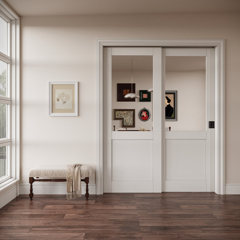 Portes de garde-robe coulissantes intérieures à demi-miroir avec garde-corps coulissant en apprêt blanc pré-fini avec noyau en bois manufacturé de taille standard H 80 po