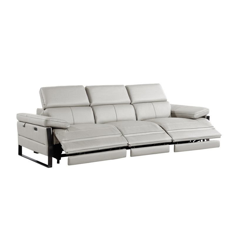 Top Grain Italian Leather Modular Power Triple Reclining Sofa With Power Headrests, Light Gray
