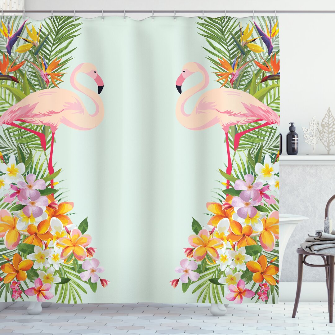 Duschvorhang, Tropic Blumen Tiere, Flamingo, Babyblau Orange