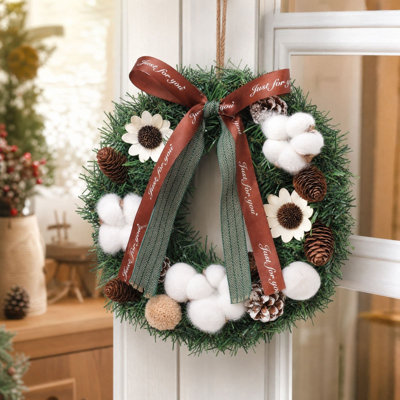 Christmas Decor Christmas Artificial Wreath With Bow Ribbon Cotton Pinecone Sunflower For Front Door Window  Holiday Decor