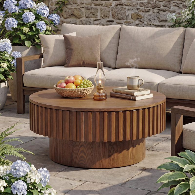 Table basse cylindrique ronde de 31,5 pouces avec rangement caché amovible, table de cocktail nervurée en bois massif, table de centre au fini noyer de ferme pour le salon