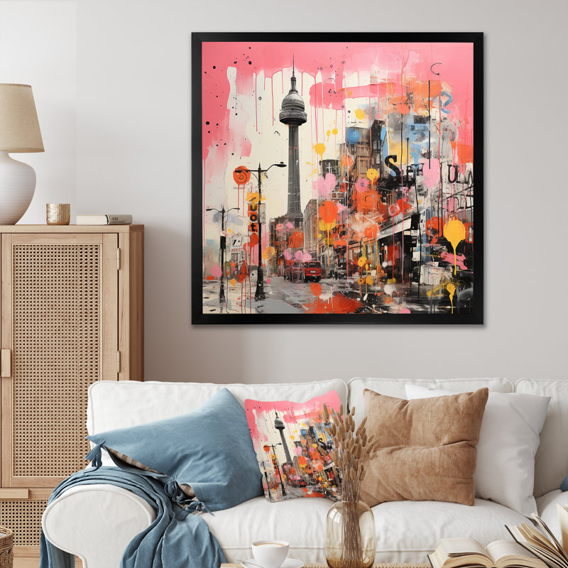 «Pink Vibrant Berlin Cityscape I», art mural Berlin, Encadrement doré, H 36 po x l 36 po x P 1,5 po