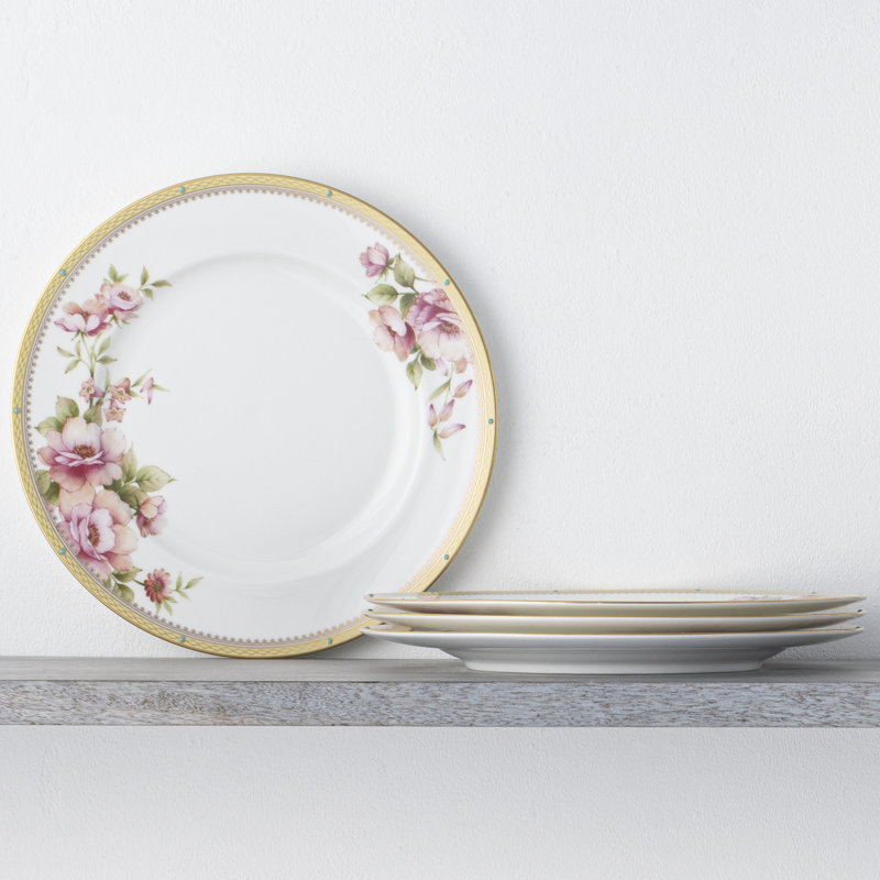Floral Gold Trim Porcelain Entree Plates, Set of 4