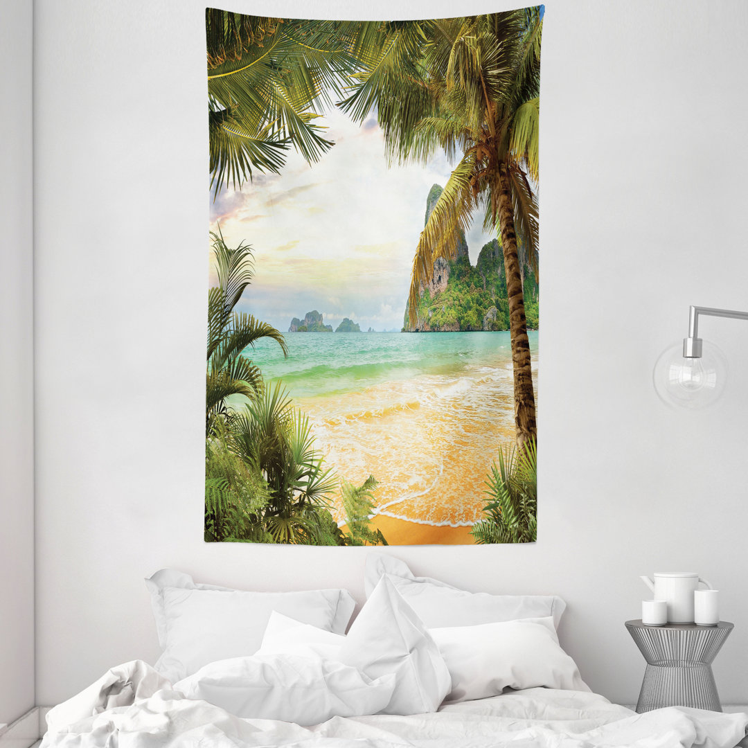 Wandteppich, Palm Kokosnussbäume Strand, Insel, Grün Braun Creme