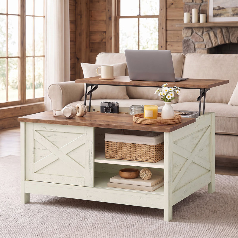 Table basse à plateau relevable Farmhouse, White, Cabinet