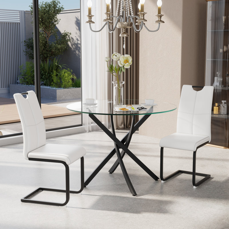 36in Round Glass Top Pedestal Dining Set, 3, White