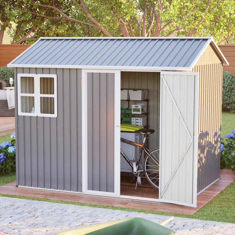 Grande remise en acier de 8 pi x 6 pi avec fenêtre, portes verrouillables et toit incliné, remise extérieure robuste pour jardin, patio, cour arrière, pelouse