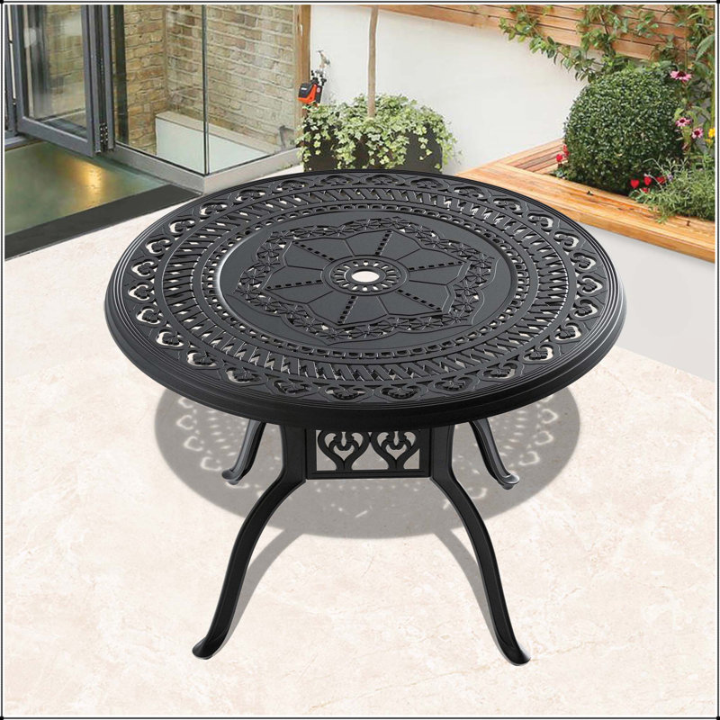 Table de salle à manger 39,37 pouces en fonte d'aluminium avec structure noire et trou pour parasol