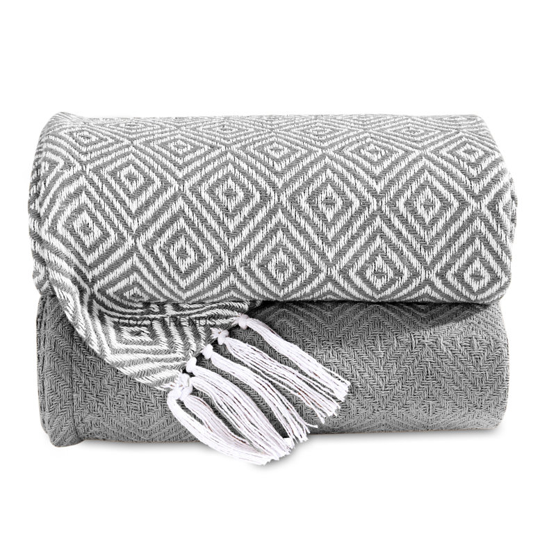 Handwoven Diamond Grey Cotton Throw Blankets Set of 2