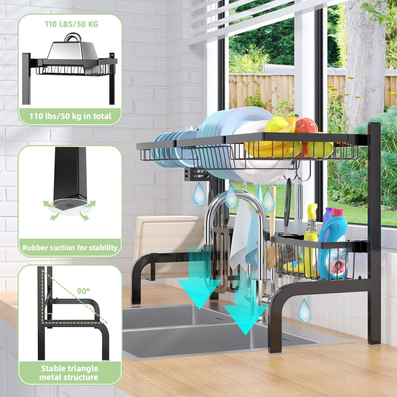Adjustable Black Metal Over Sink Dish Drying Rack with Utensil Cup