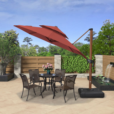 Outdoor 10 FT Double Top Round Wood Pattern Cantilever Umbrella With Base,Brick Red