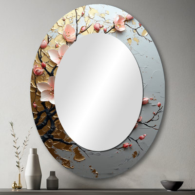 Rose et cerisier doré au bord du lac II - miroir mural ovale traditionnel rose