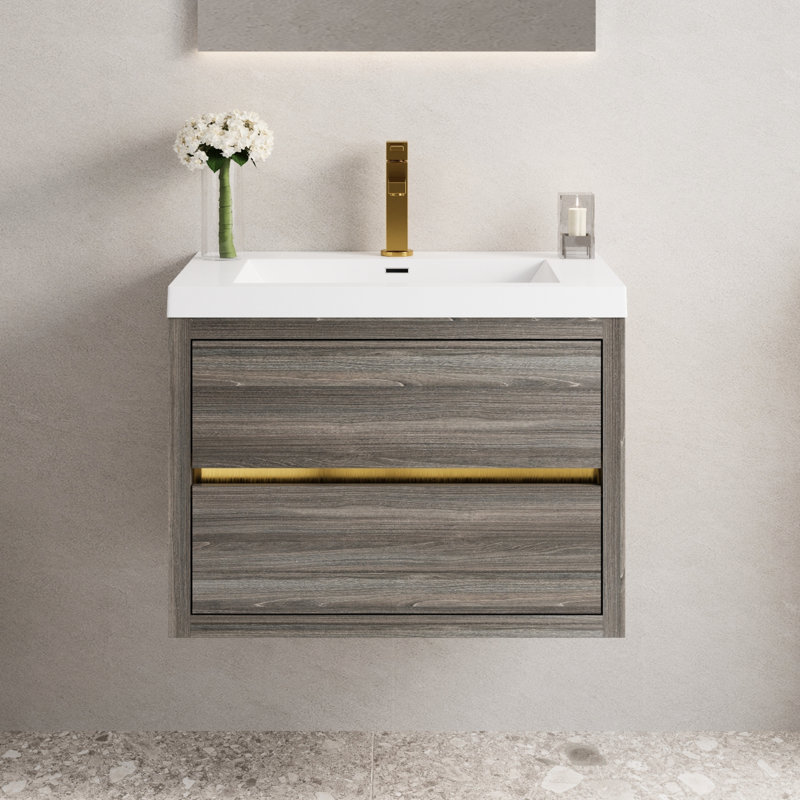 Meuble-lavabo de 30 po avec lavabo. Espace de rangement flottant gris cendré. Pré-assemblé pour plus de commodité. Organisation intérieure en forme de U. Comptoir en résine de pierre. Mécanisme de tiroir à fermeture silencieuse.