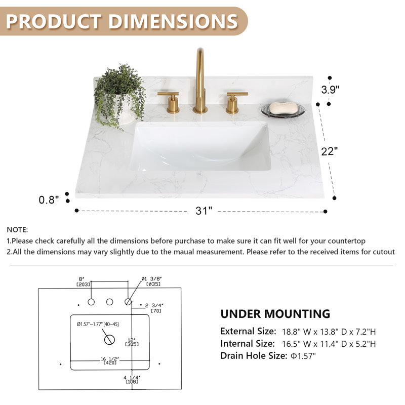 Ceres 31" White Engineered Stone Vanity Top with Undermount Sink