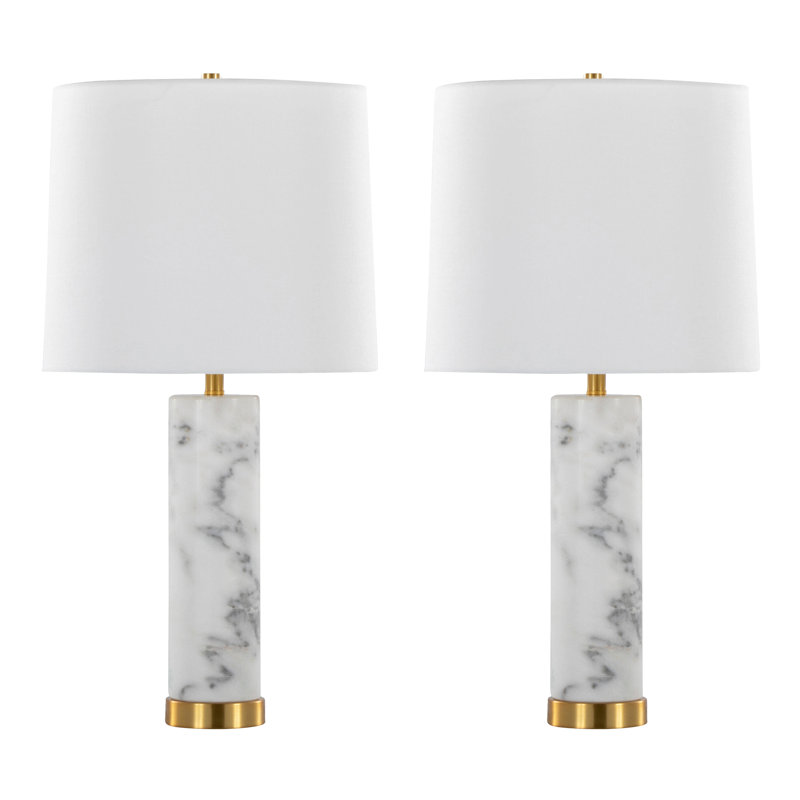 Lampe de table contemporaine en marbre de 26 po Marabella avec abat-jour en lin blanc - ensemble de 2
