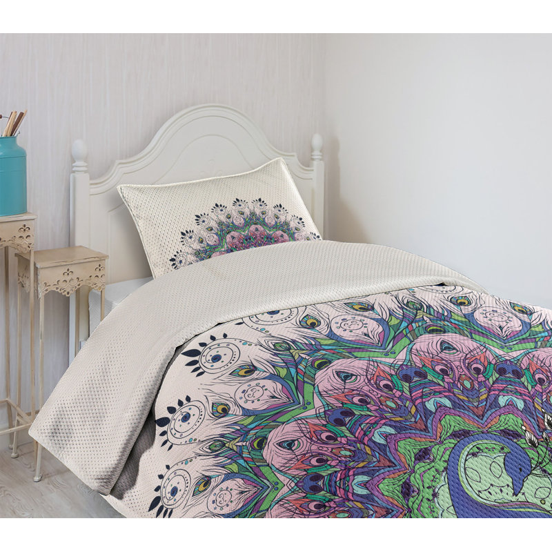 Twin White Quilted Bedspread Set with Peacock Design