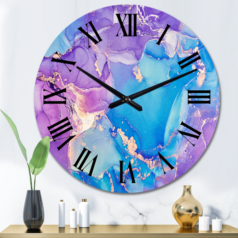 Mauve et bleu liquide Art III - horloge murale moderne, Grand