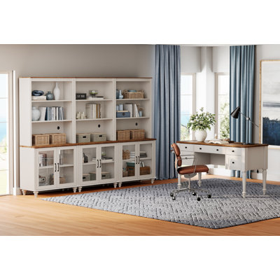 Ensemble de bureau 2 pièces, bureau double 56 po et ensemble de 3 bibliothèques avec portes en verre, blanc