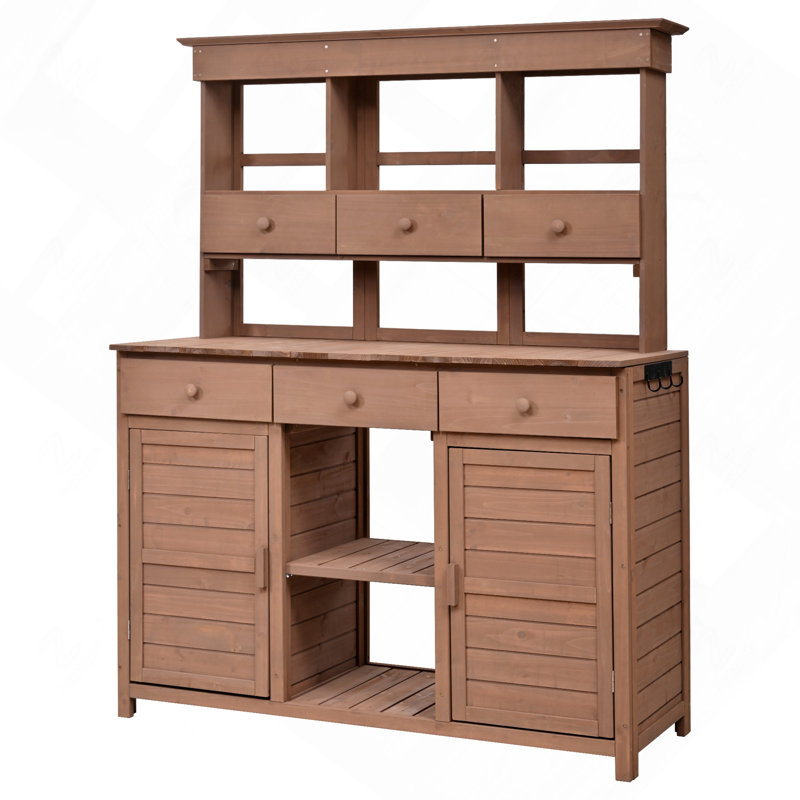 Table de rempotage de jardin de 167 cm de haut avec tablette, 6 tiroirs, armoires de rangement et crochets, marron, Brown
