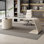 Bureau haut de gamme moderne de style minimaliste blanc avec plateau en pierre frittée et armoire à tiroirs de forme elliptique