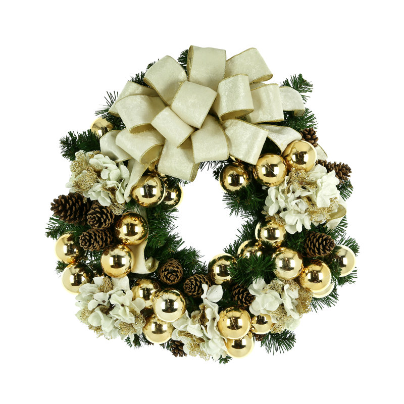 26" Hydrangea Christmas Wreath With A Large Bow And Ornaments
