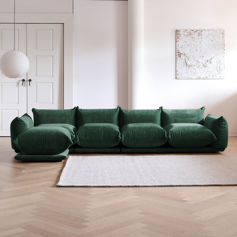 Minarik 4-Seat Chenille Fabric Upholstered Sectional Sofa With Ottoman, Green Chenille