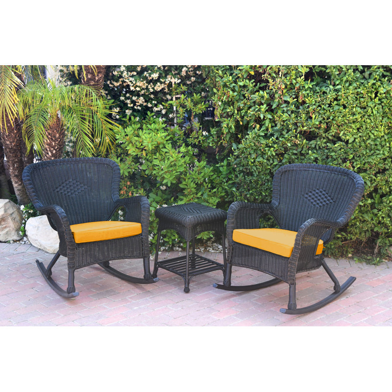 Windsor Resin Wicker Rocker Chair And End Table Set With Cushions, Brown, Black