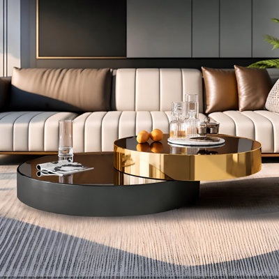 Ensemble de tables basses rondes modernes surdimensionnées 39,37 pi, table gigogne extensible à finition dorée et noire avec plateau en verre