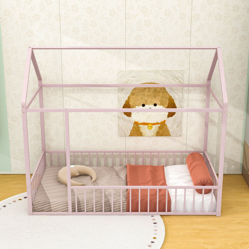 Twin Metal House Bed With Roof And Fence Design, Pink