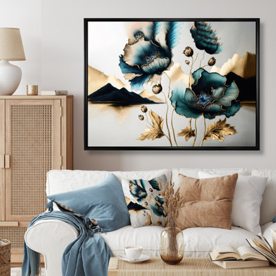 «Gold and Blue Poppy Floral Euphoria», art mural toile coquelicot