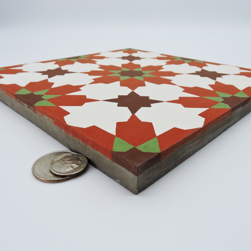 Ahfir 8" x 8" Cement Singular Wall & Floor Tile, Red/Brown/Green
