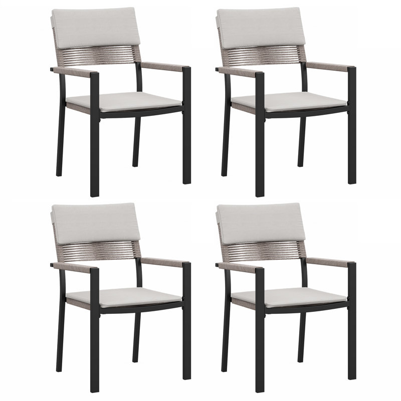 Chaises de patio en métal et osier avec coussins (ensemble de 4), Gris clair