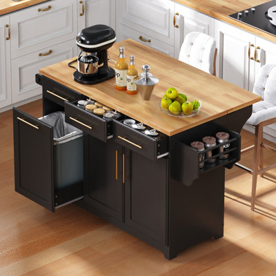 59.3" Kitchen Island With Storage 2 Pull Out Cabinet Organizers & Rubber Wood Drop Leaf