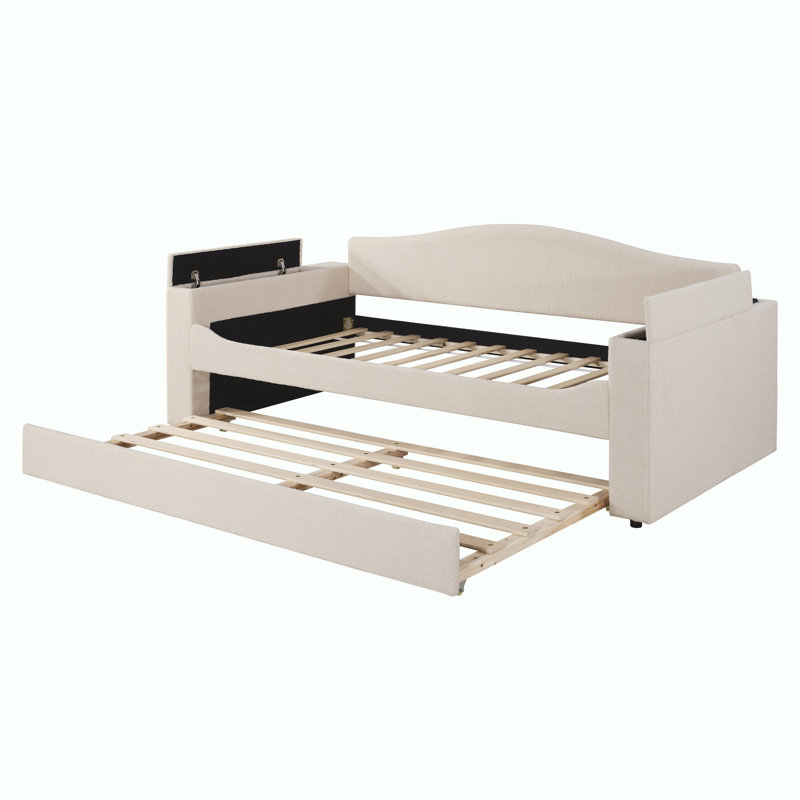 Upholstered Teddy Daybed With Storage Armrests, Trundle And Bluetooth Audio System, Beige, Twin
