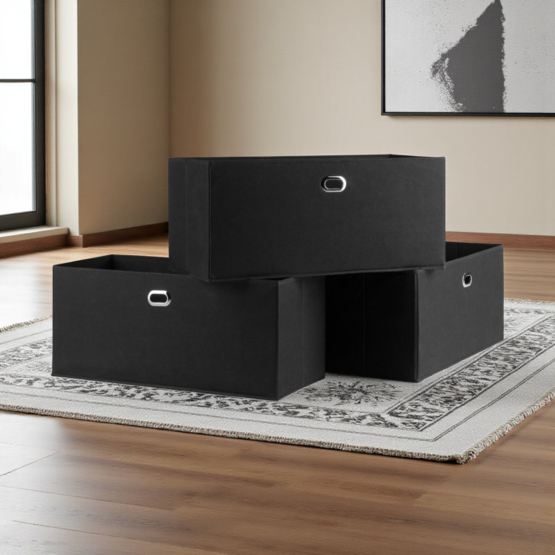 Finnian 3-Piece Foldable Fabric Basket Set in Black, 10.07'' H X 22.78'' W X 9.98'' D, 10.07" H x 22.78" W x 9.98" D, Black